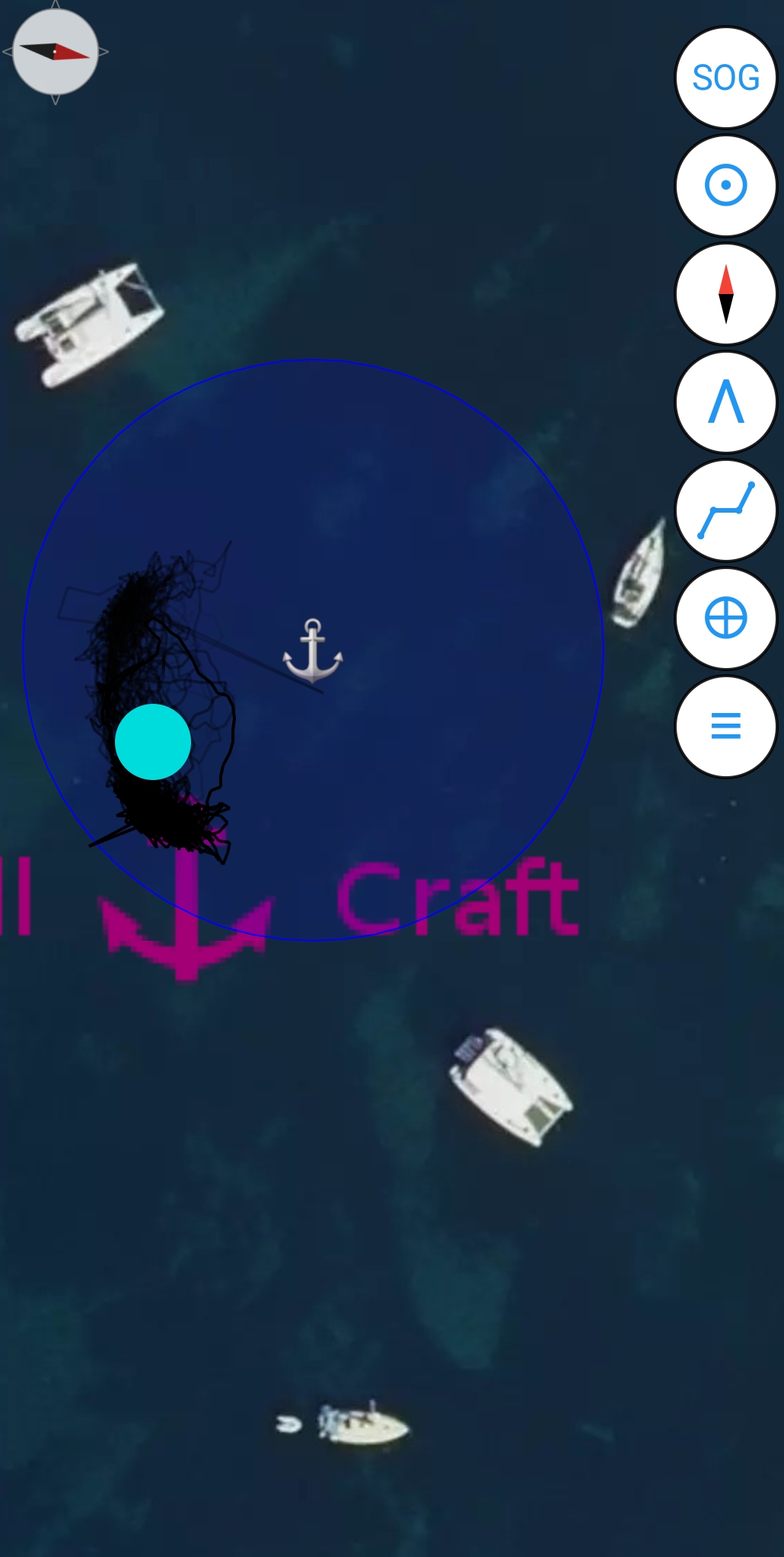 Sleepy Sailor map view showing the boat's overnight track, anchor position, and the alarm watch radius