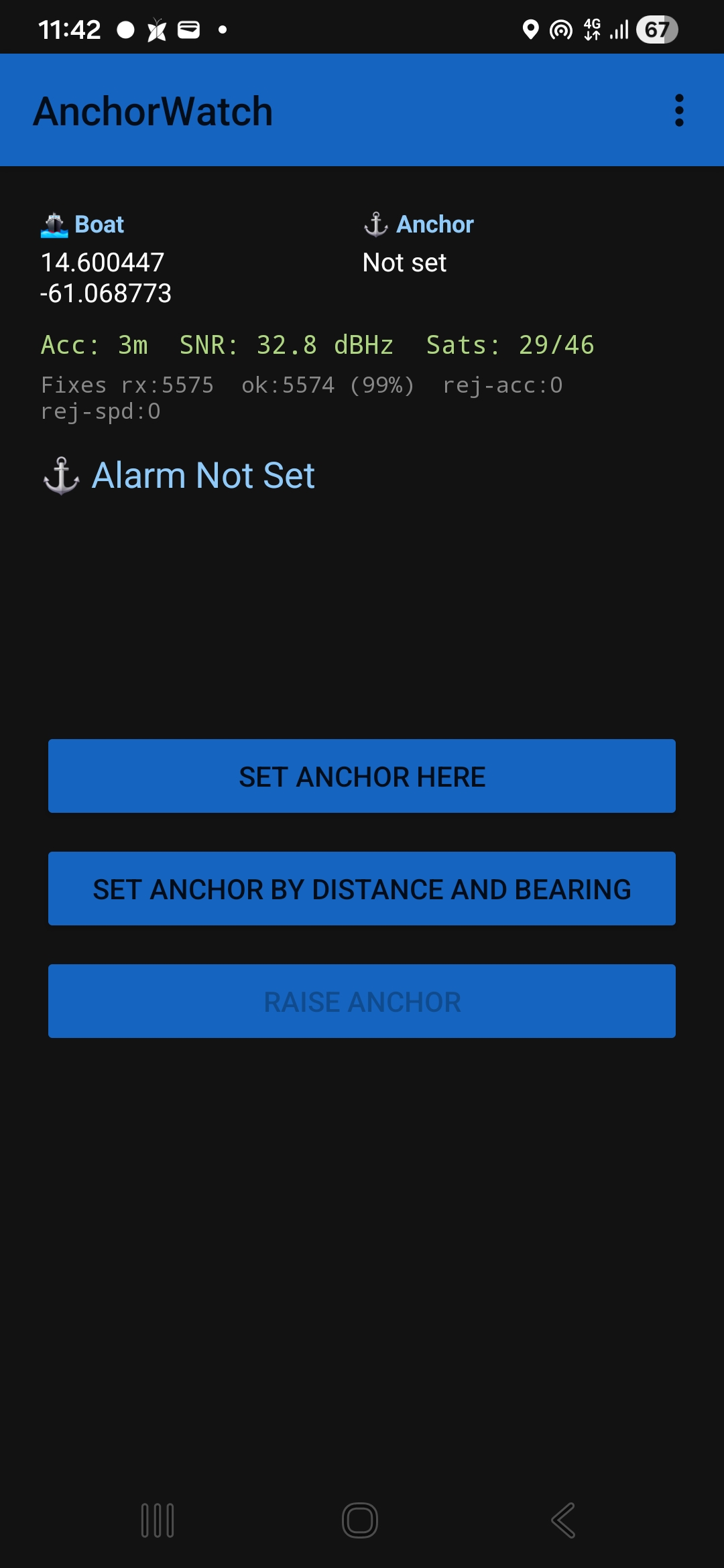 Sleepy Sailor main screen before the anchor is set, showing boat position and GPS accuracy